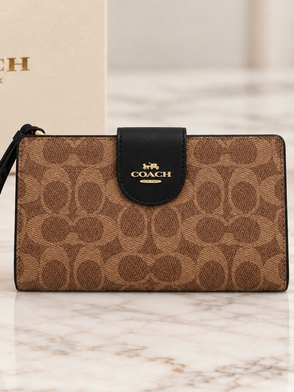 Coach Women’s Tech Wallet Colorblock Signature Canvas NWOT Khaki/Black